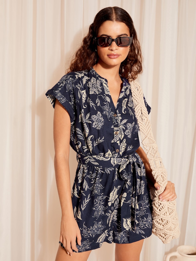Friends Like These Navy Blue Linen Belted Shorts Sleeve Utility Playsuit - Image 1 of 4