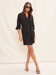Friends Like These Black Roll Sleeve Linen Mini Shirt Dress - Image 1 of 4