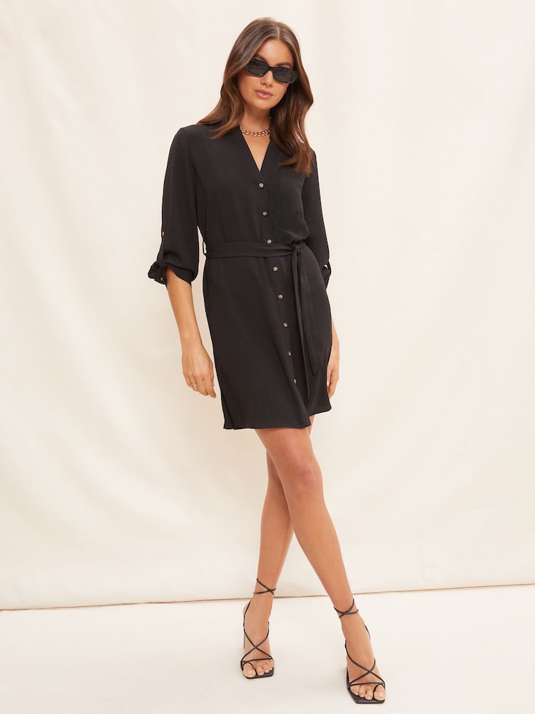 Friends Like These Black Roll Sleeve Linen Mini Shirt Dress - Image 1 of 4
