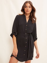 Friends Like These Black Roll Sleeve Linen Mini Shirt Dress - Image 3 of 4