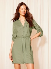 Friends Like These Khaki Green Roll Sleeve Linen Mini Shirt Dress - Image 1 of 4