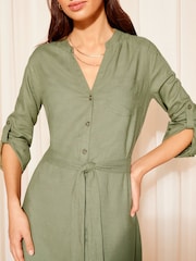 Friends Like These Khaki Green Roll Sleeve Linen Mini Shirt Dress - Image 3 of 4