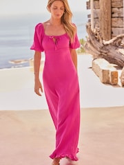 Friends Like These Pink Crinkle Puff Sleeve Midi Dress - Image 3 of 4