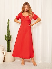 Friends Like These Red Crinkle Puff Sleeve Midi Dress - Image 1 of 4