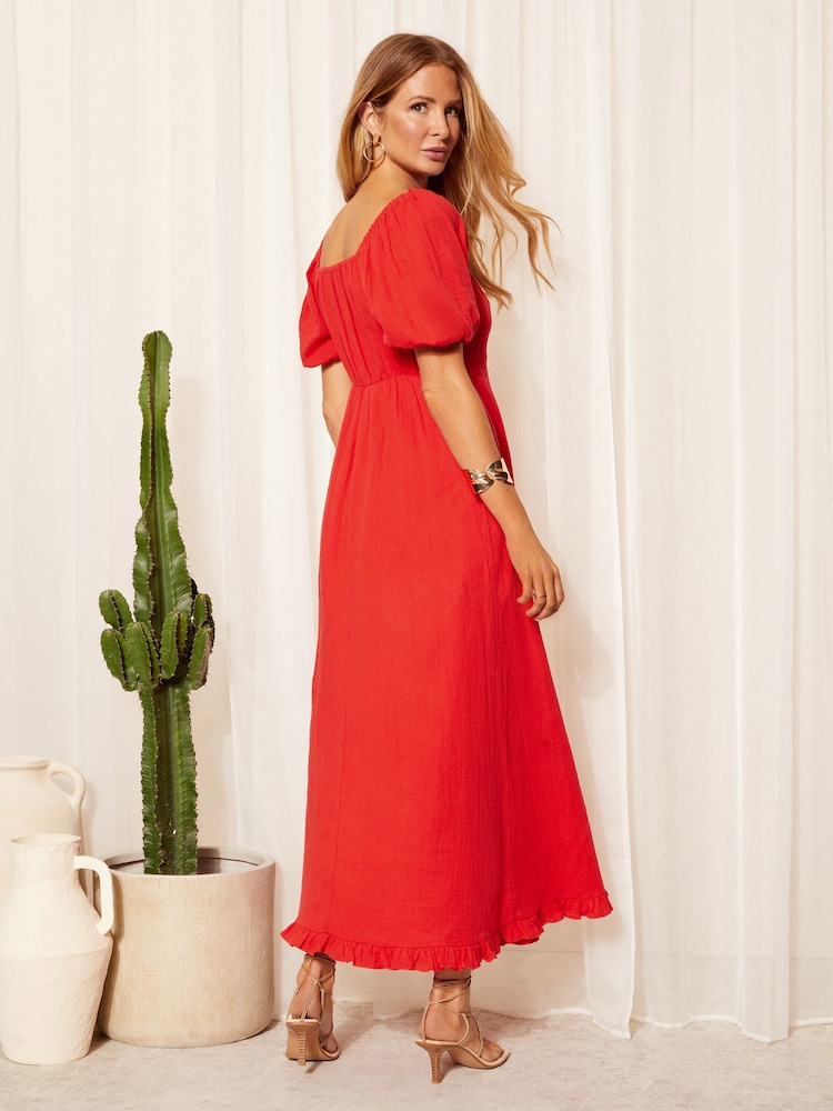 Friends Like These Red Crinkle Puff Sleeve Midi Dress - Image 4 of 4 Friends Like These Red Crinkle Puff Sleeve Midi Dress - Image 4 of 4