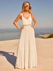 Friends Like These Ivory White Cut Out Lace Trims Sweetheart Neck Maxi Dress - Image 1 of 4