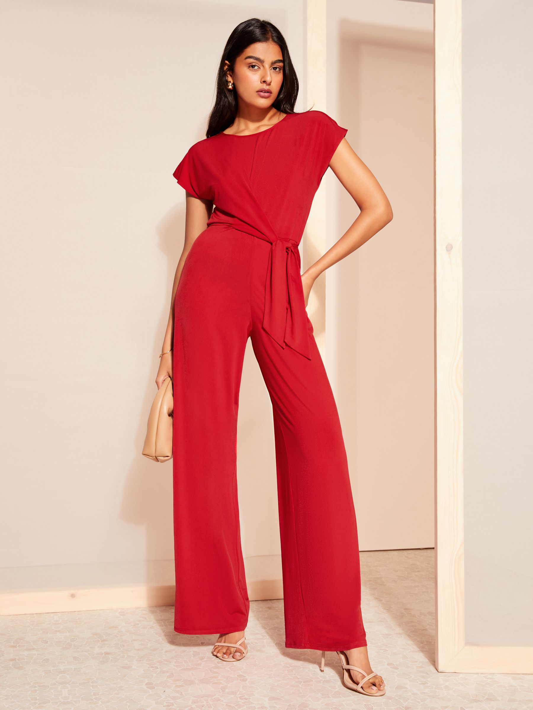 Red tie waist jumpsuit shop