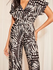 Friends Like These Black/White Wrap Short Sleeve Wide Leg Jumpsuit - Image 2 of 4