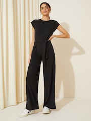 Friends Like These Black Cosy Knit Tie Waist Jumpsuit - Image 1 of 4