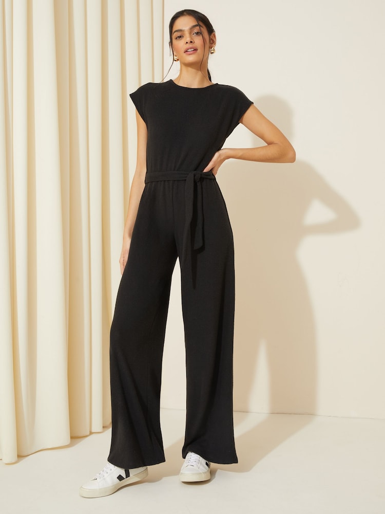 Friends Like These Black Cosy Knit Tie Waist Jumpsuit - Image 1 of 4
