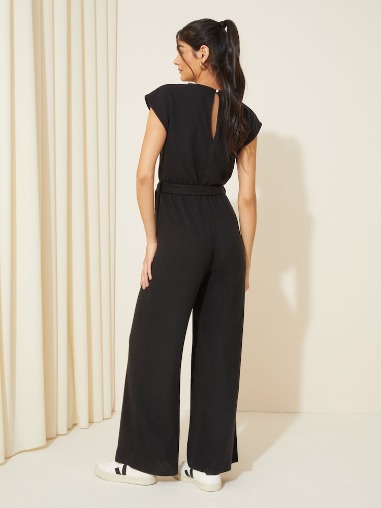 Friends Like These Black Cosy Knit Tie Waist Jumpsuit - Image 2 of 4