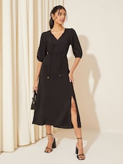Friends Like These Black V Neck Puff Sleeve Shirred Waist Dress - Image 1 of 4