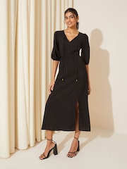Friends Like These Black V Neck Puff Sleeve Shirred Waist Dress - Image 3 of 4