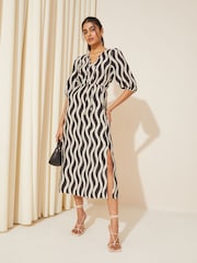 Friends Like These Black/White V Neck Puff Sleeve Shirred Waist Dress - Image 1 of 4