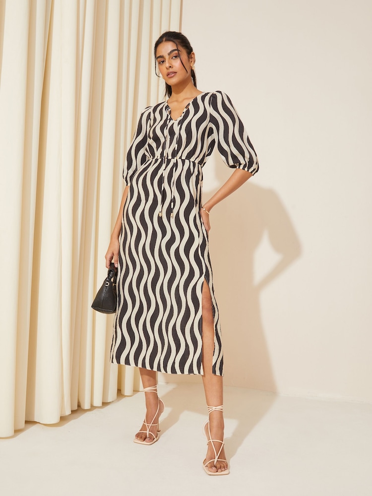 Friends Like These Black/White V Neck Puff Sleeve Shirred Waist Dress - Image 1 of 4