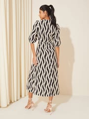 Friends Like These Black/White V Neck Puff Sleeve Shirred Waist Dress - Image 4 of 4