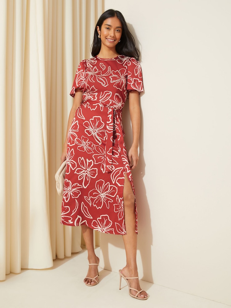Rot - Friends Like These Flutter Sleeve Printed Satin Midi Dress - Bild 1 von 4