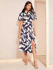 Friends Like These Navy Flutter Sleeve Printed Satin Midi Dress - Image 1 of 4