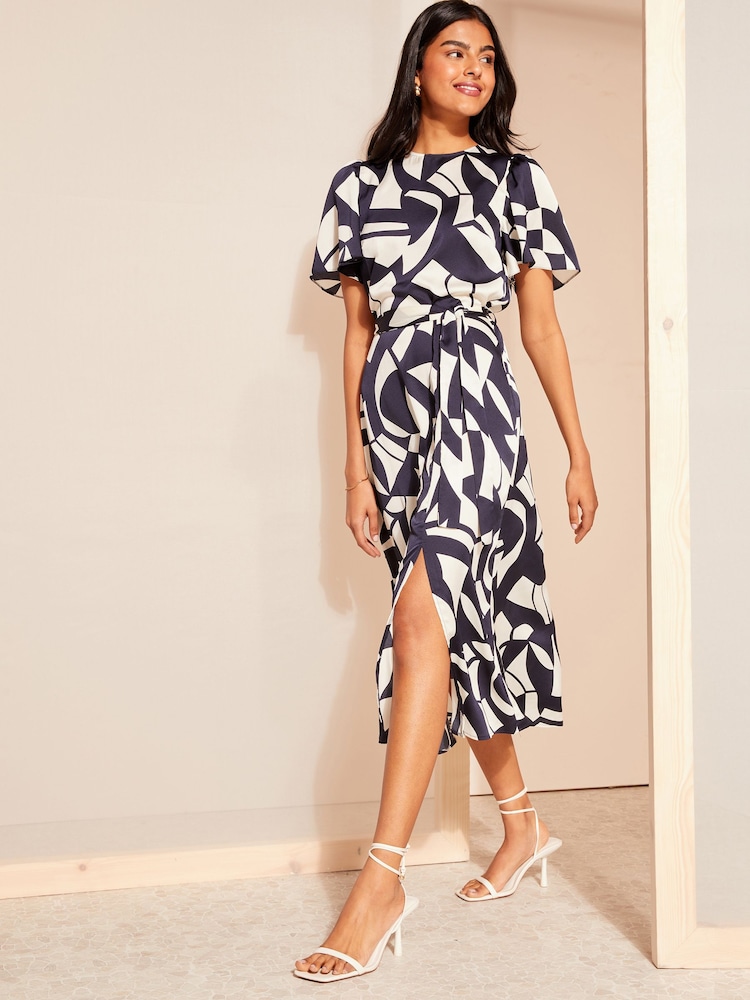 Friends Like These Navy Flutter Sleeve Printed Satin Midi Dress - Image 2 of 4