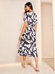 Friends Like These Navy Flutter Sleeve Printed Satin Midi Dress - Image 4 of 4