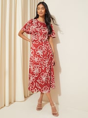 Friends Like These Red Petite Flutter Sleeve Printed Satin Midi Summer Dress - Image 1 of 4