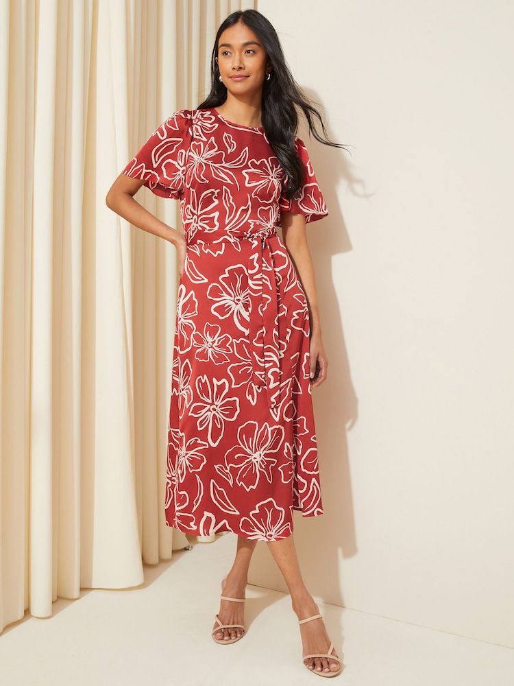 Friends Like These Red Petite Flutter Sleeve Printed Satin Midi Summer Dress - Image 1 of 4