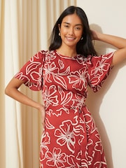 Friends Like These Red Petite Flutter Sleeve Printed Satin Midi Summer Dress - Image 2 of 4