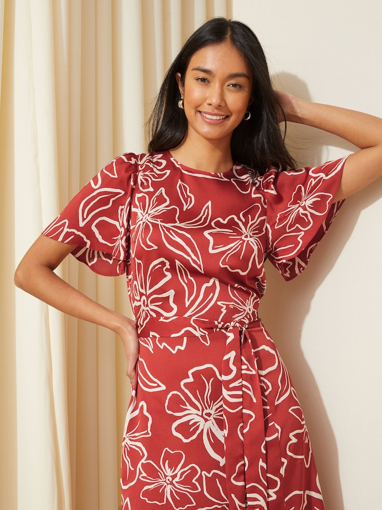Friends Like These Red Petite Flutter Sleeve Printed Satin Midi Summer Dress - Image 2 of 4