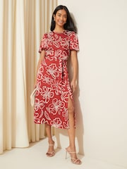 Friends Like These Red Petite Flutter Sleeve Printed Satin Midi Summer Dress - Image 3 of 4