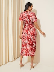 Friends Like These Red Petite Flutter Sleeve Printed Satin Midi Summer Dress - Image 4 of 4