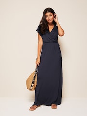 Friends Like These Navy Blue Petite Short Sleeve Wrap V Neck Tie Waist Summer Maxi Dress - Image 1 of 4