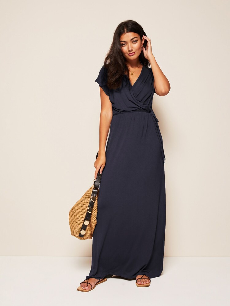 Friends Like These Navy Blue Petite Short Sleeve Wrap V Neck Tie Waist Summer Maxi Dress - Image 1 of 4