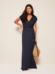 Friends Like These Navy Blue Petite Short Sleeve Wrap V Neck Tie Waist Summer Maxi Dress - Image 2 of 4