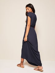 Friends Like These Navy Blue Petite Short Sleeve Wrap V Neck Tie Waist Summer Maxi Dress - Image 3 of 4