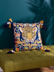 Wylder Royal Blue Regal Leopard Embroidered Velvet 100% Cotton Cushion - Image 1 of 7