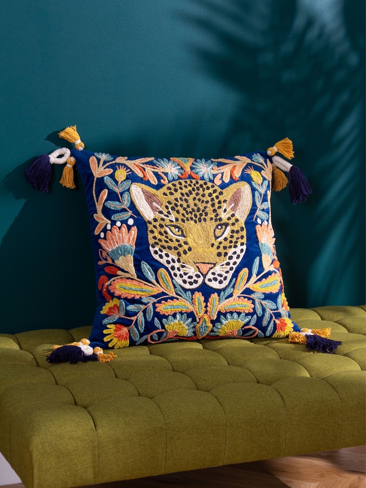 Wylder Royal Blue Regal Leopard Embroidered Velvet 100% Cotton Cushion - Image 1 of 7