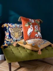 Wylder Royal Blue Regal Leopard Embroidered Velvet 100% Cotton Cushion - Image 2 of 7