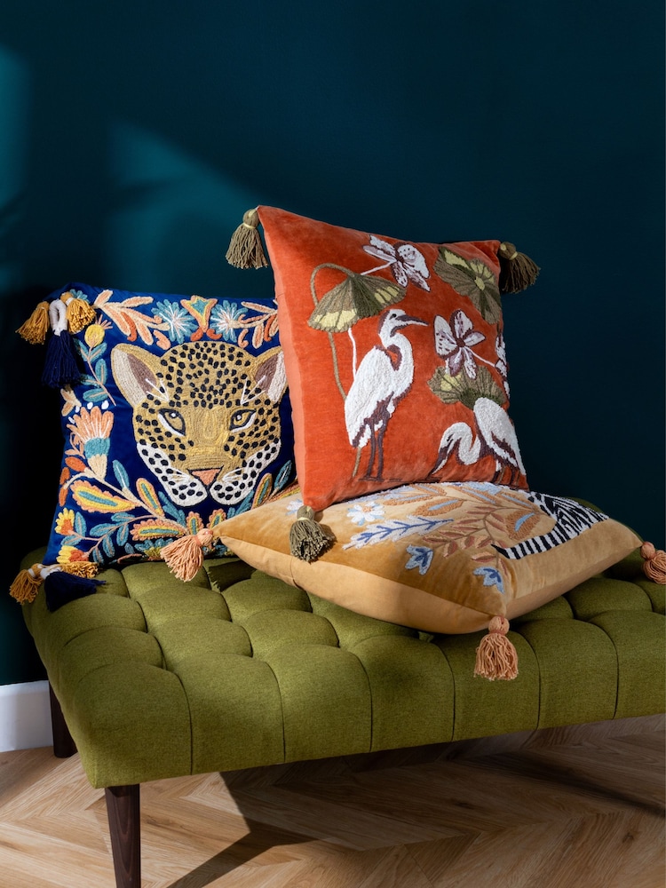 Wylder Royal Blue Regal Leopard Embroidered Velvet 100% Cotton Cushion - Image 2 of 7