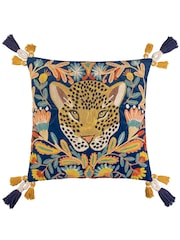 Wylder Royal Blue Regal Leopard Embroidered Velvet 100% Cotton Cushion - Image 3 of 7