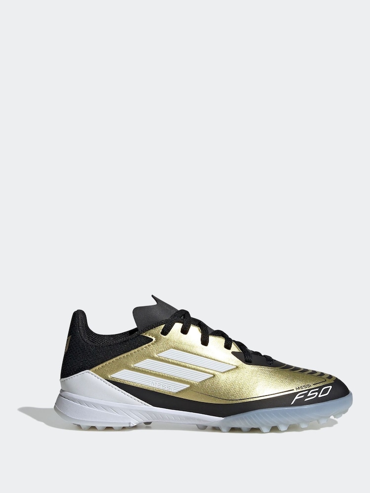 adidas Gold/White Kids F50 League Messi Turf Boots - Image 1 of 9