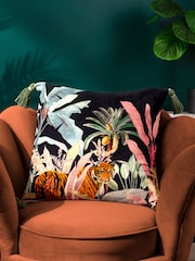 Wylder Noir Midnight Jungle Velvet Tasselled 100% Cotton Cushion - Image 1 of 5