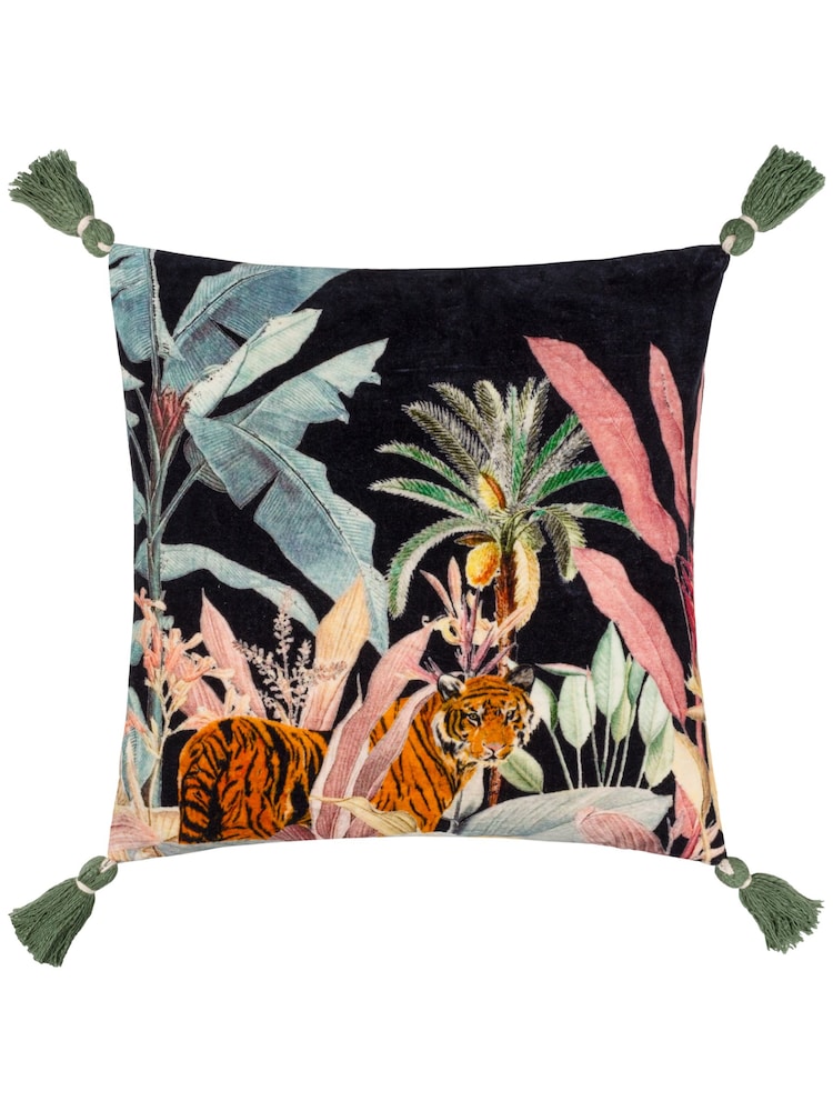 Wylder Noir Midnight Jungle Velvet Tasselled 100% Cotton Cushion - Image 2 of 5