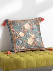 Wylder Blue Bolais Square Floral Tasselled 100% Cotton Cushion - Image 1 of 7