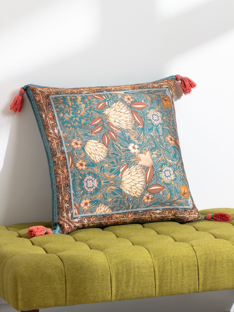Wylder Blue Bolais Square Floral Tasselled 100% Cotton Cushion - Image 1 of 7