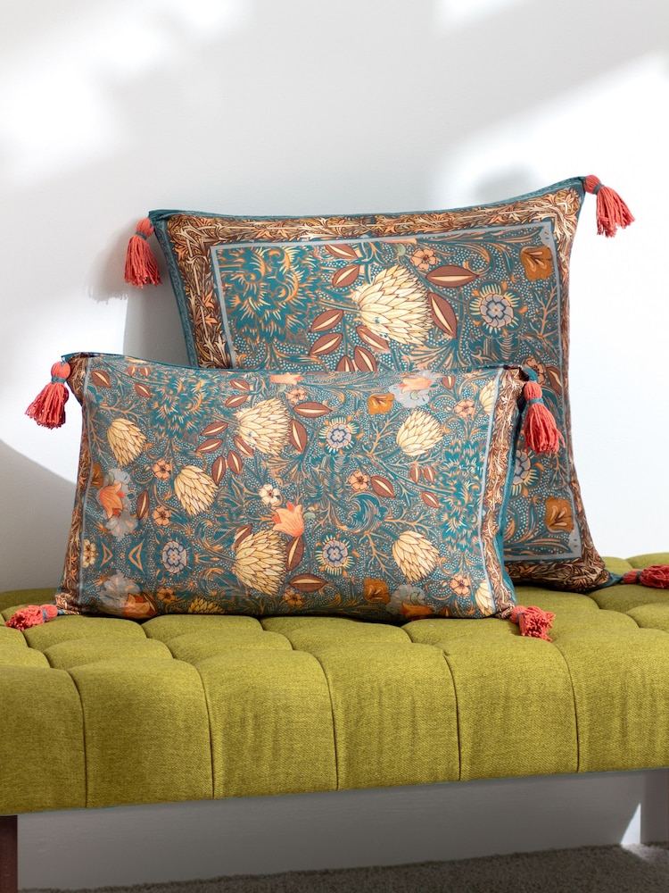 Wylder Blue Bolais Square Floral Tasselled 100% Cotton Cushion - Image 2 of 7