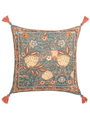 Wylder Blue Bolais Square Floral Tasselled 100% Cotton Cushion - Image 4 of 7