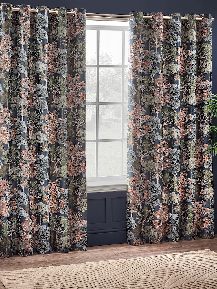 Wylder Navy Woodlands Floral Jacquard Eyelet Curtains - Image 1 of 5