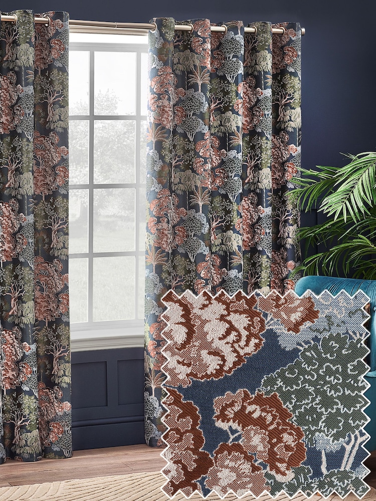 Wylder Navy Woodlands Floral Jacquard Eyelet Curtains - Image 2 of 5