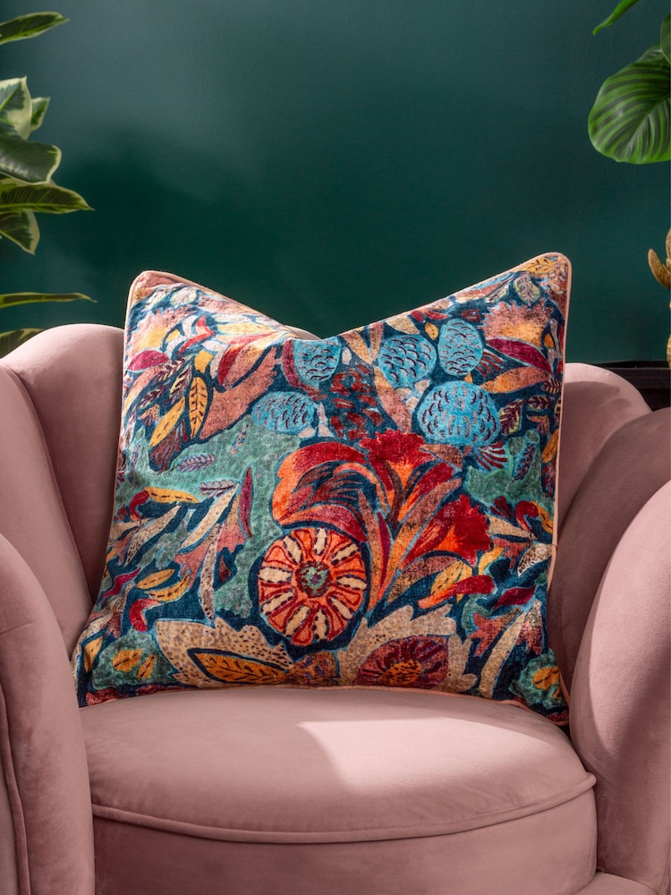 Wylder Multicolour Hebonne Velvet Piped 100% Cotton Cushion - Image 1 of 7