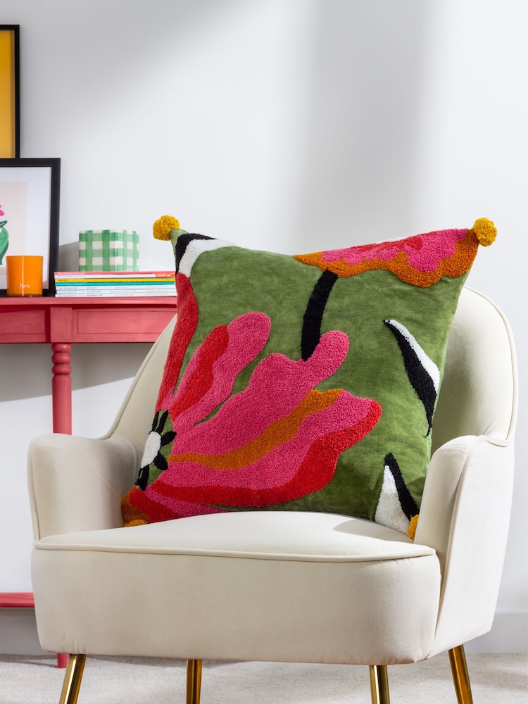 Furn Multicolour Poppy Embroidered 100% Cotton Cushion - Image 1 of 6
